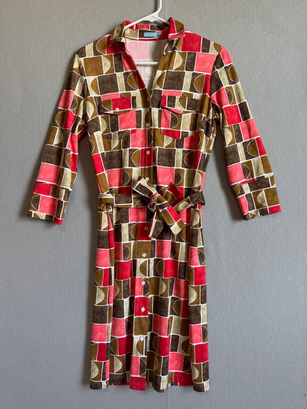 J. McLaughlin Red, Brown & Olive Geometric Shirt Dress